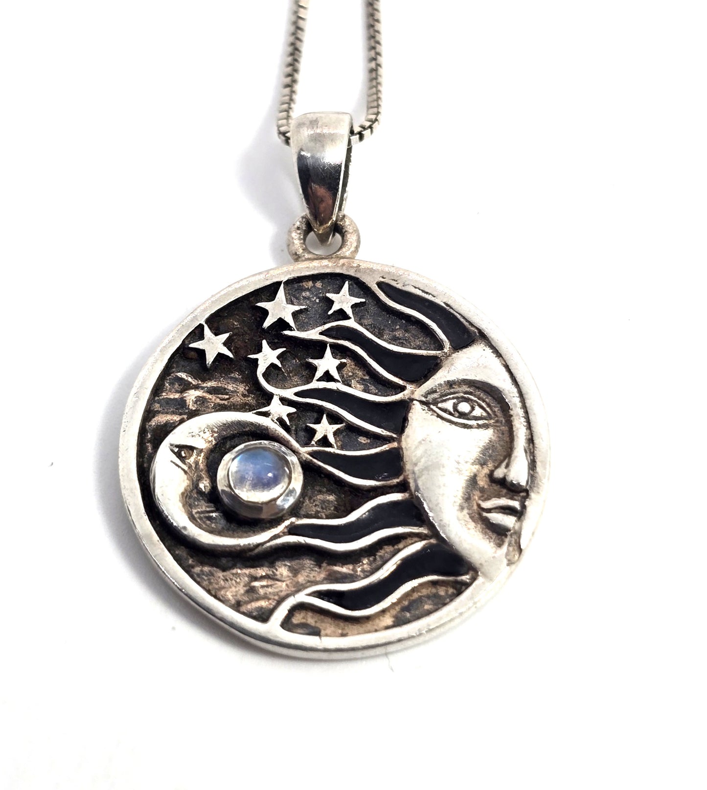 Peter stone sun moon and stars Rainbow Moonstone sterling silver pendant necklace