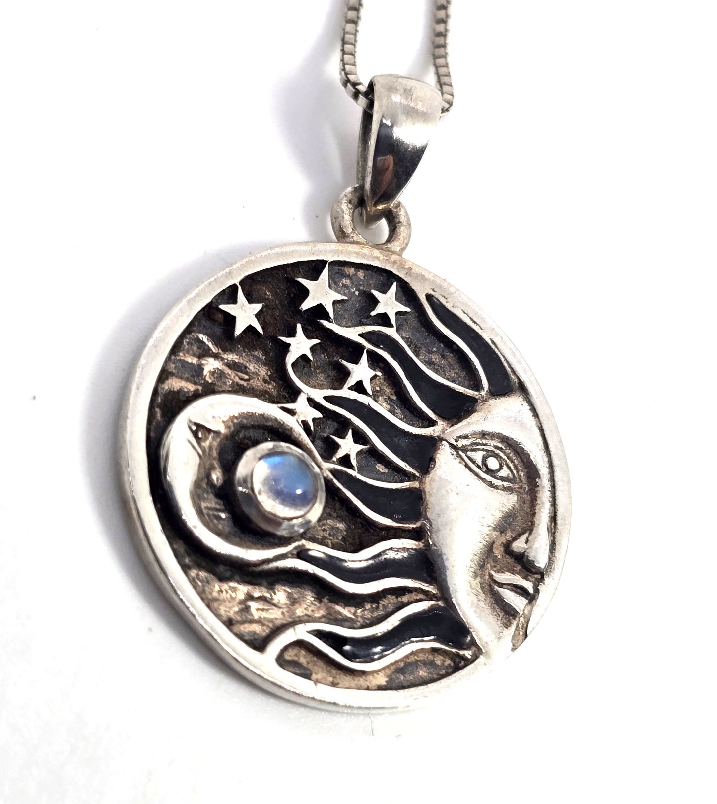 Peter stone sun moon and stars Rainbow Moonstone sterling silver pendant necklace