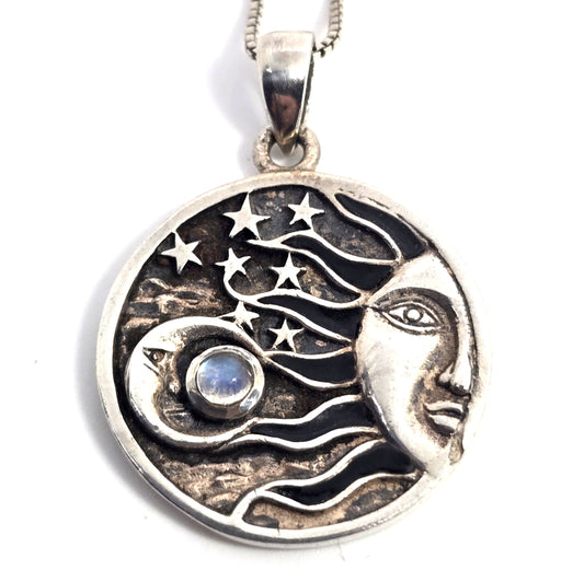 Peter stone sun moon and stars Rainbow Moonstone sterling silver pendant necklace