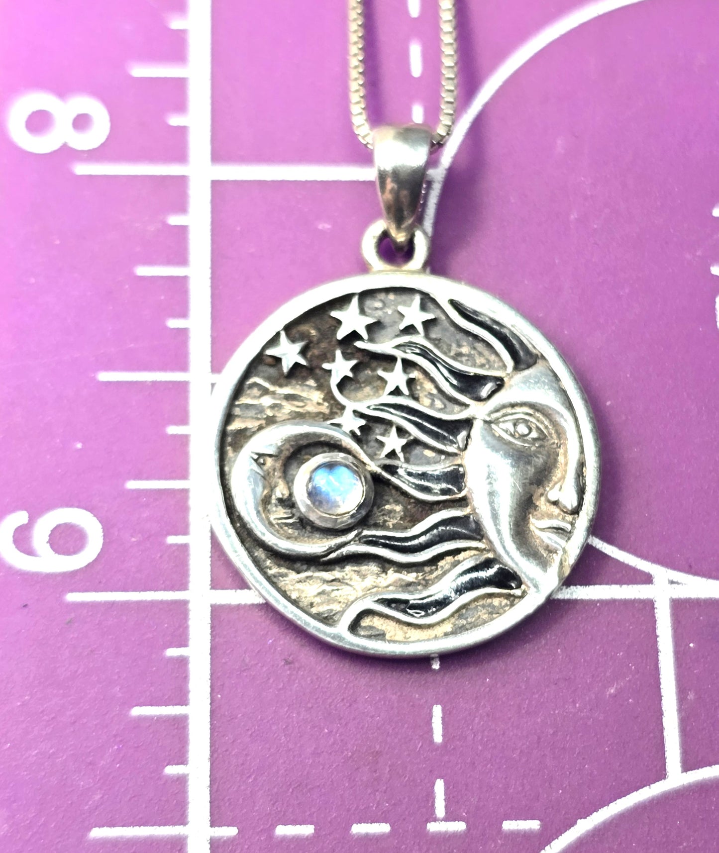 Peter stone sun moon and stars Rainbow Moonstone sterling silver pendant necklace