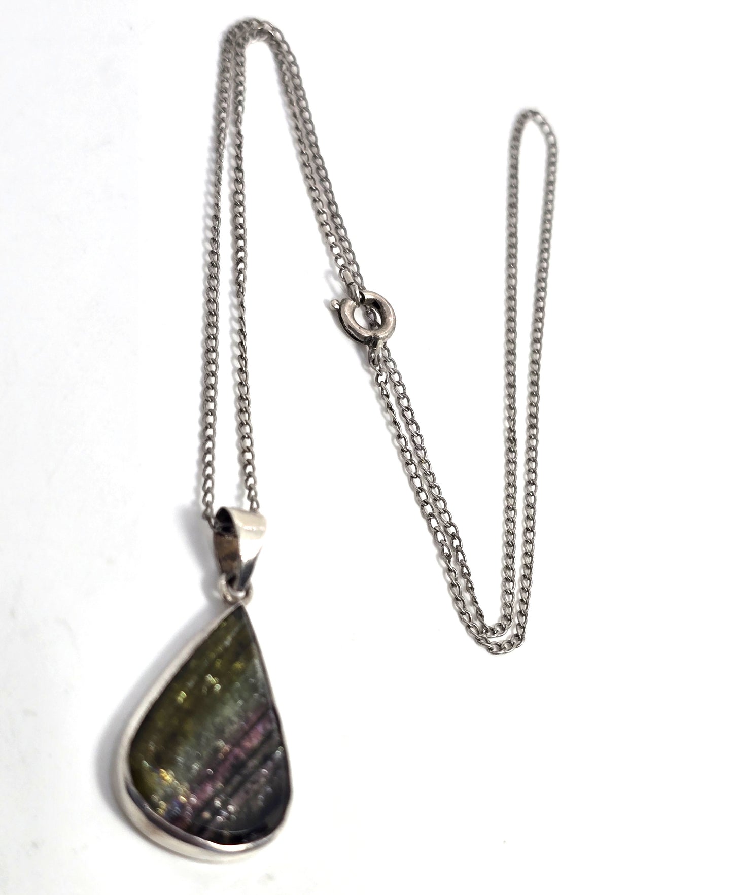 Rainbow Tourmaline open work banded sterling silver pendant necklace
