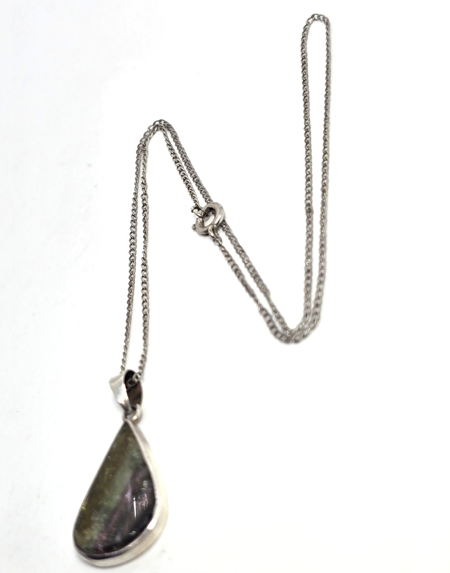 Rainbow Tourmaline open work banded sterling silver pendant necklace