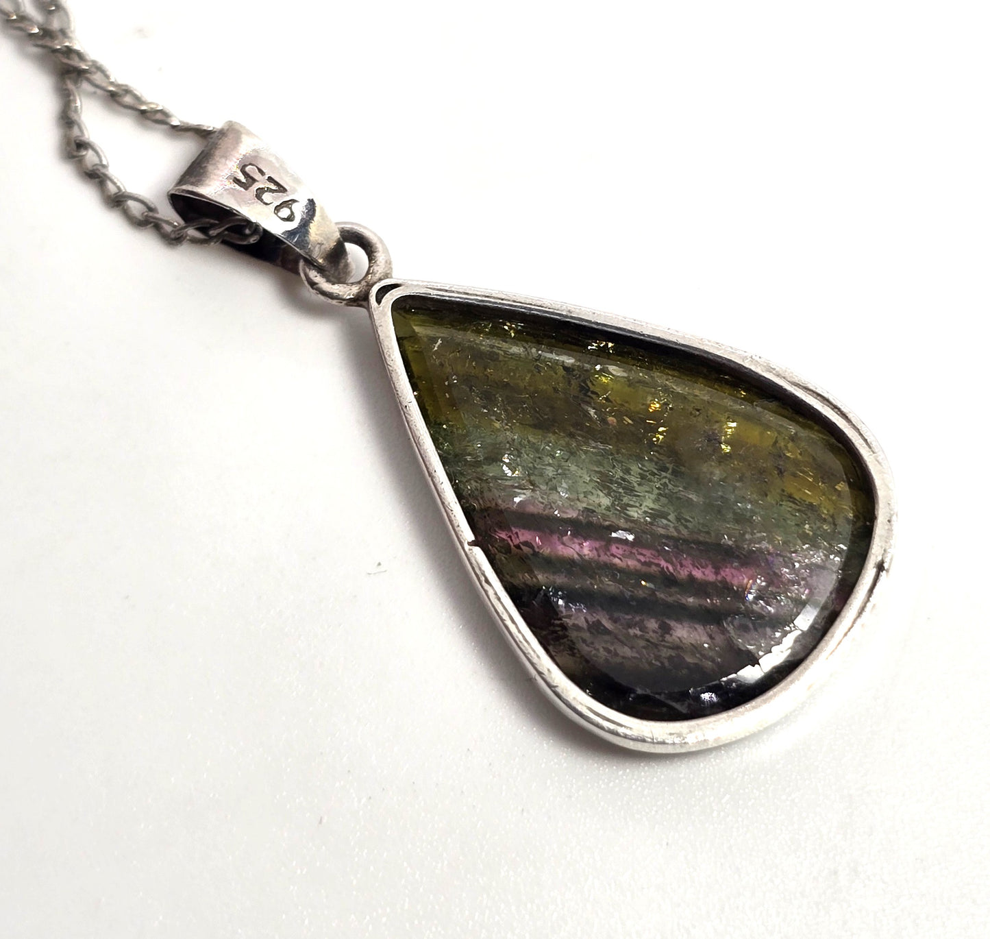 Rainbow Tourmaline open work banded sterling silver pendant necklace