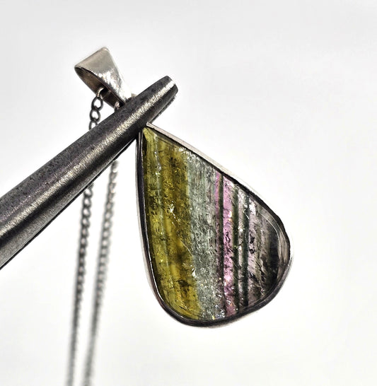 Rainbow Tourmaline open work banded sterling silver pendant necklace
