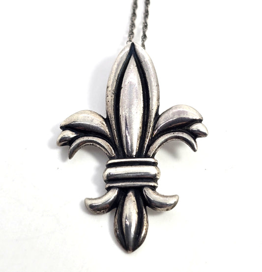Fleur De Lis New Orleans vintage sterling silver signed pendant necklace