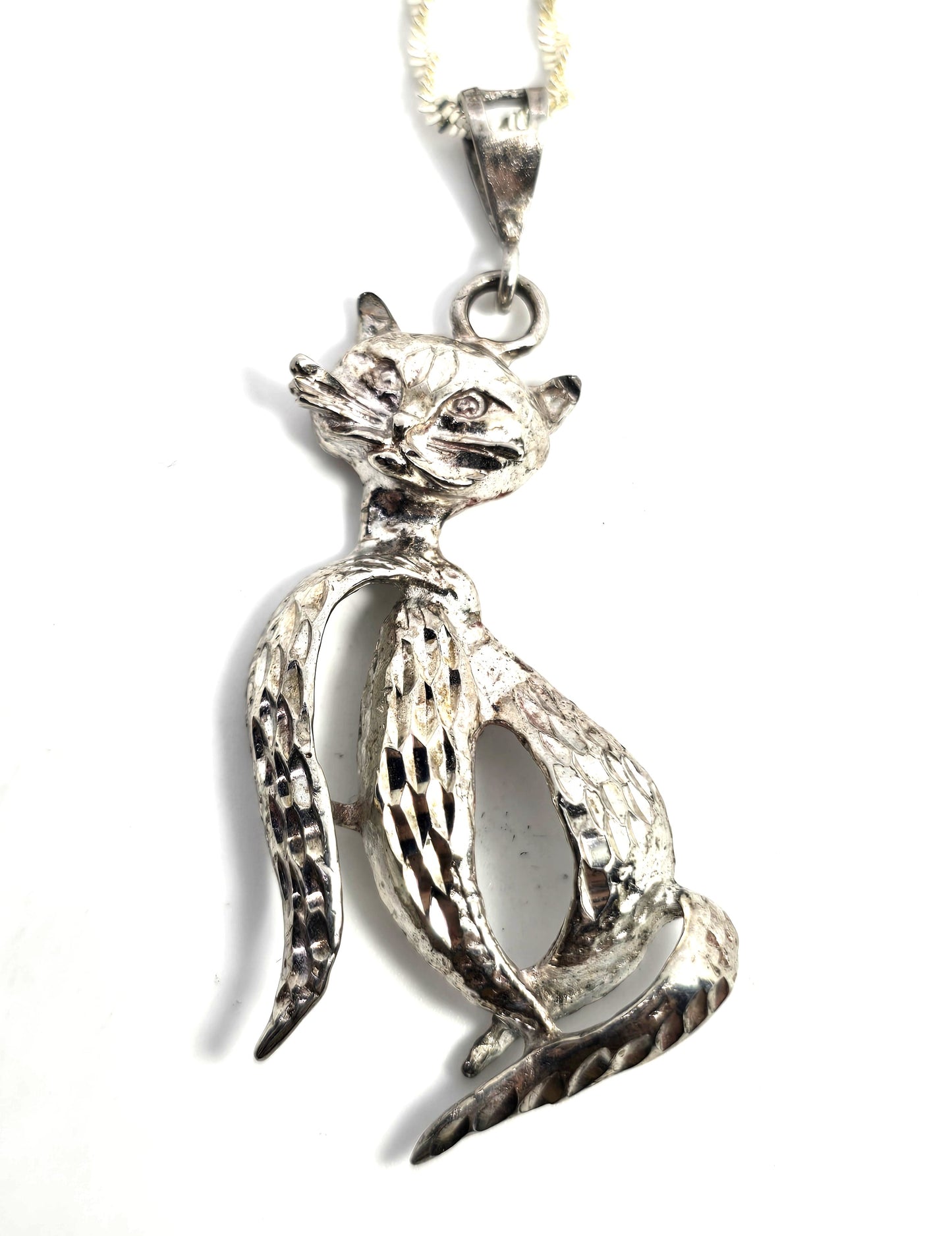 Retro Sassy French cat etched Sterling modernist mid century vintage sterling silver necklace