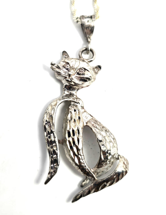 Retro Sassy French cat etched Sterling modernist mid century vintage sterling silver necklace