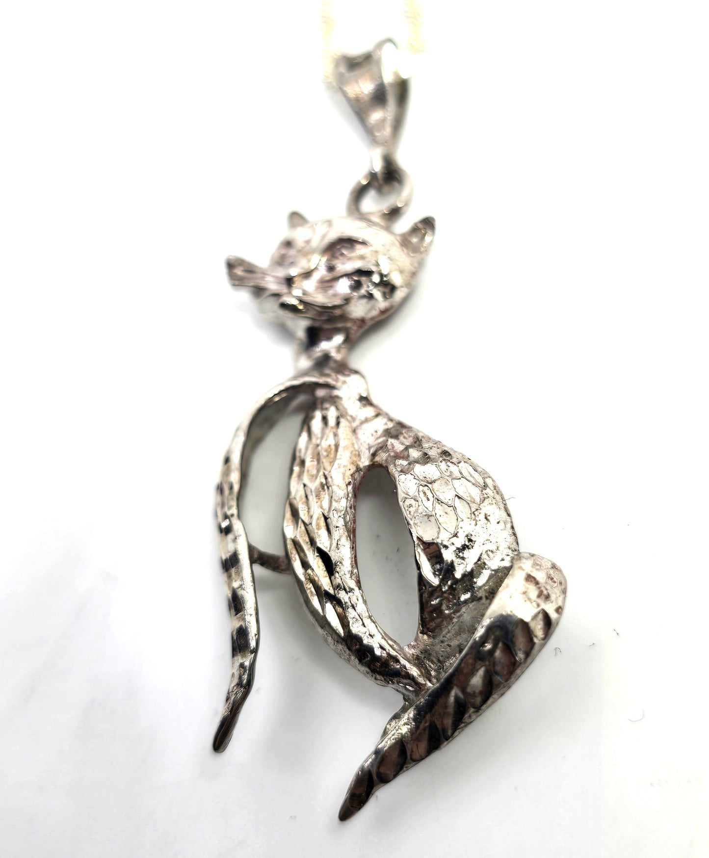 Retro Sassy French cat etched Sterling modernist mid century vintage sterling silver necklace