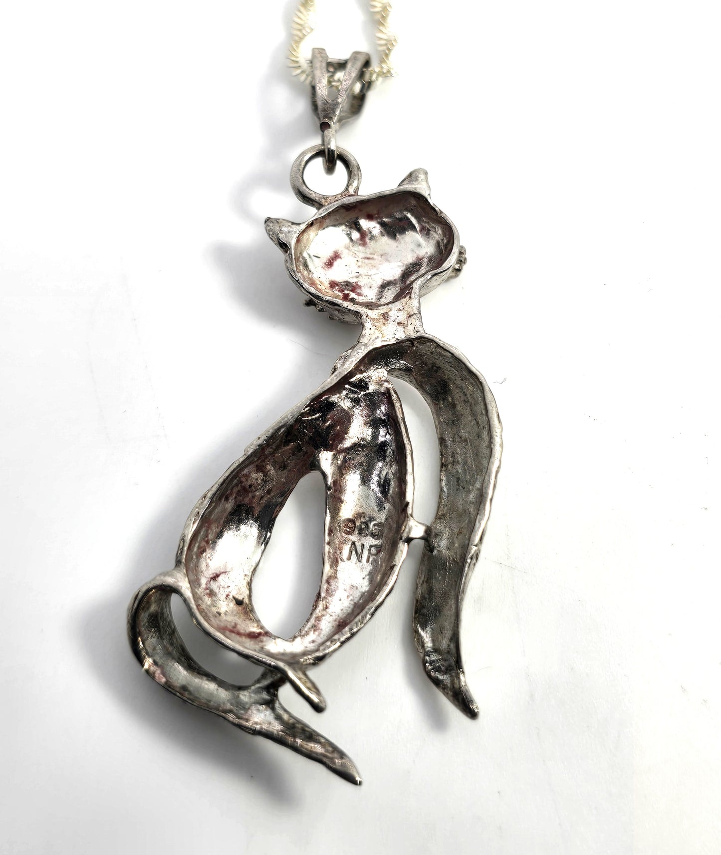 Retro Sassy French cat etched Sterling modernist mid century vintage sterling silver necklace