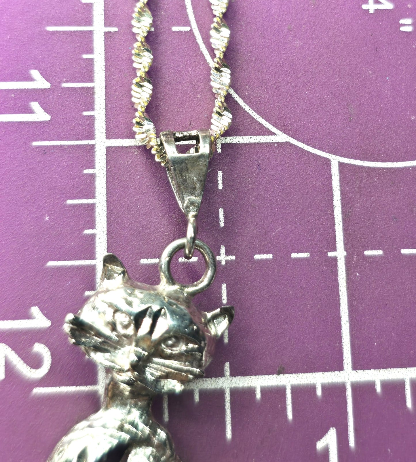 Retro Sassy French cat etched Sterling modernist mid century vintage sterling silver necklace