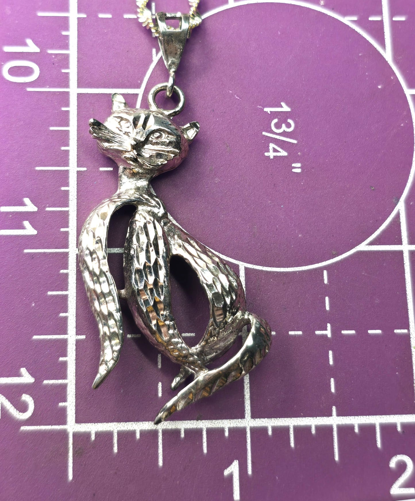 Retro Sassy French cat etched Sterling modernist mid century vintage sterling silver necklace