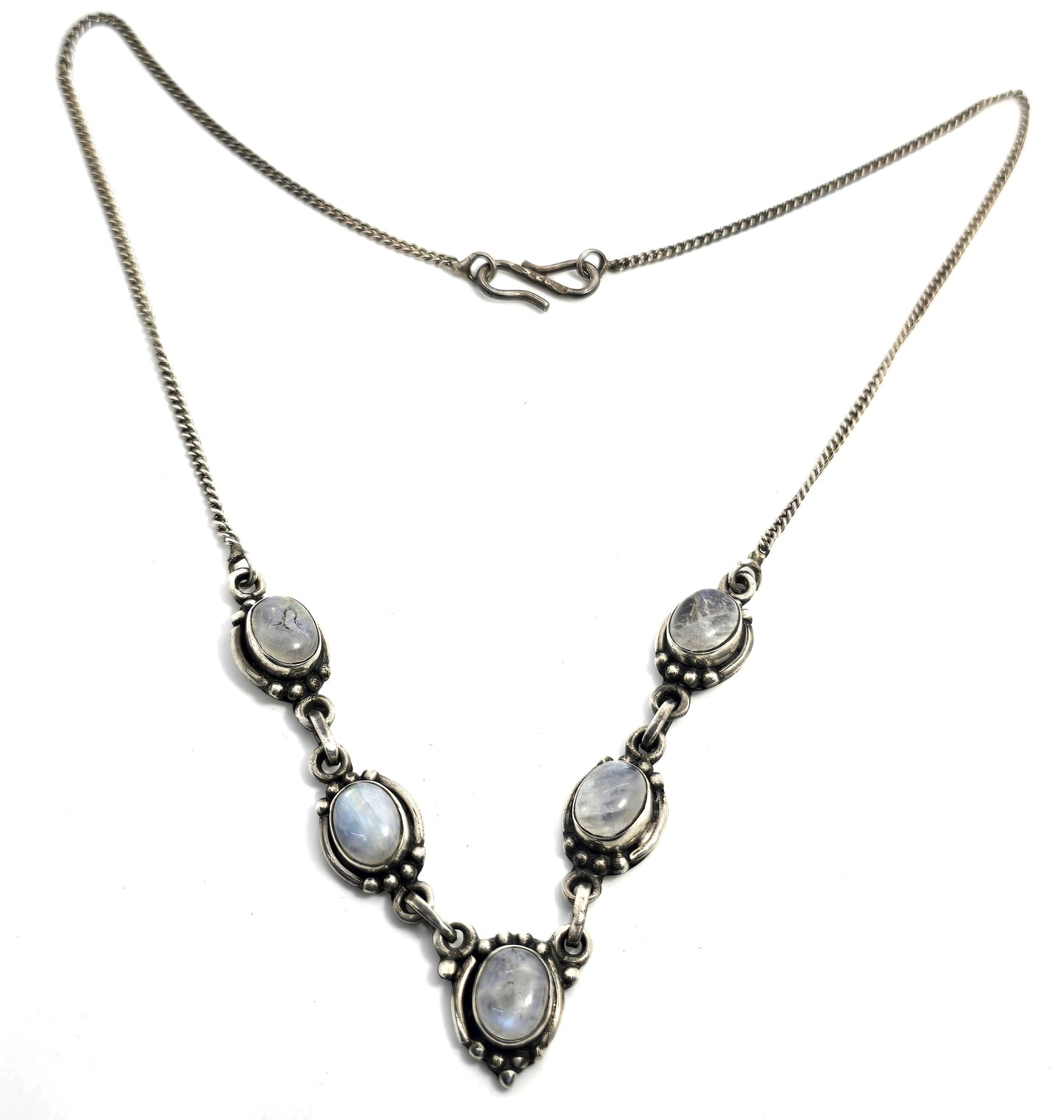 Rainbow Moonstone flashy tribal Balinese 5 stone sterling silver statement necklace