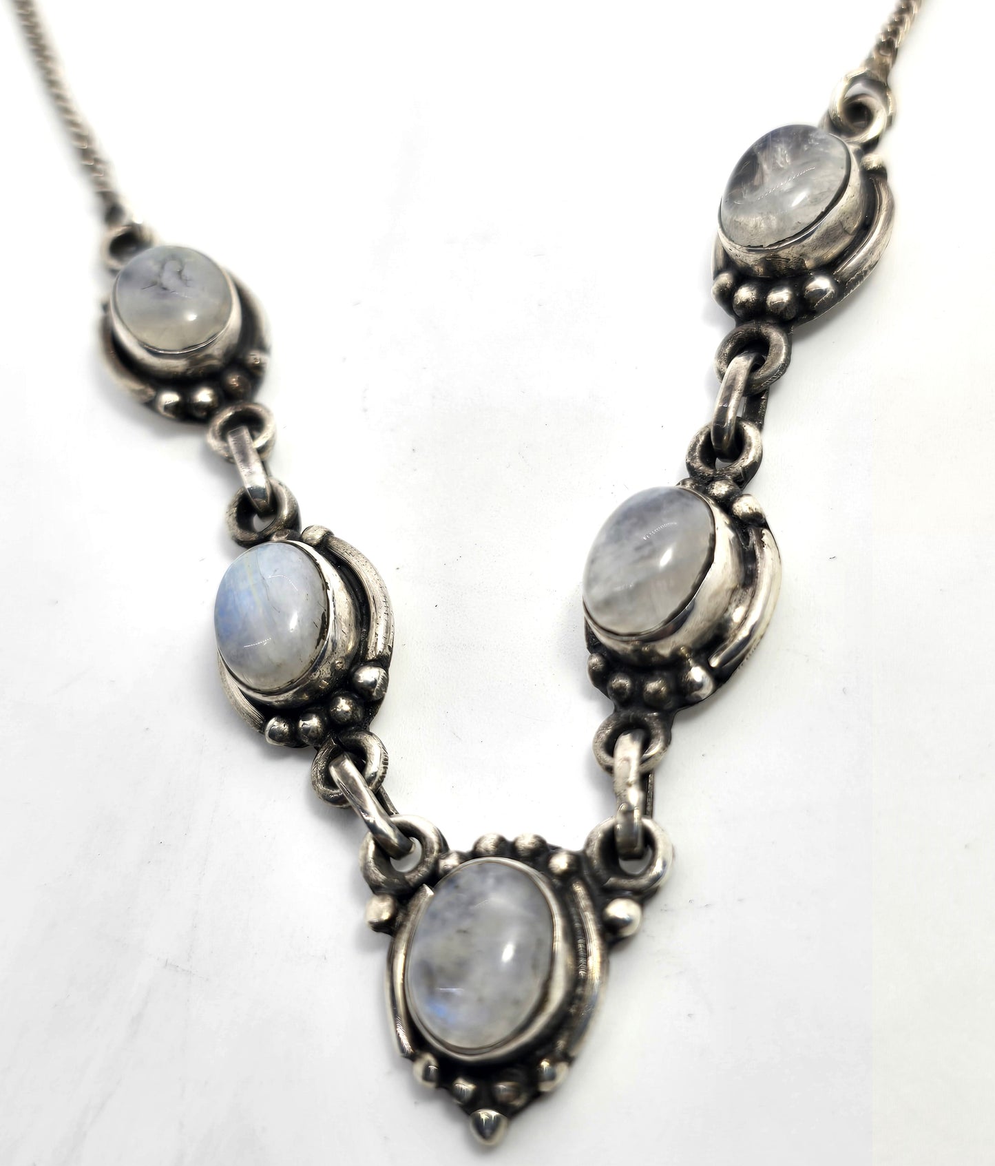 Rainbow Moonstone flashy tribal Balinese 5 stone sterling silver statement necklace