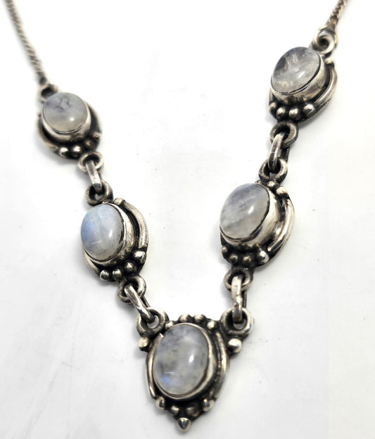Rainbow Moonstone flashy tribal Balinese 5 stone sterling silver statement necklace