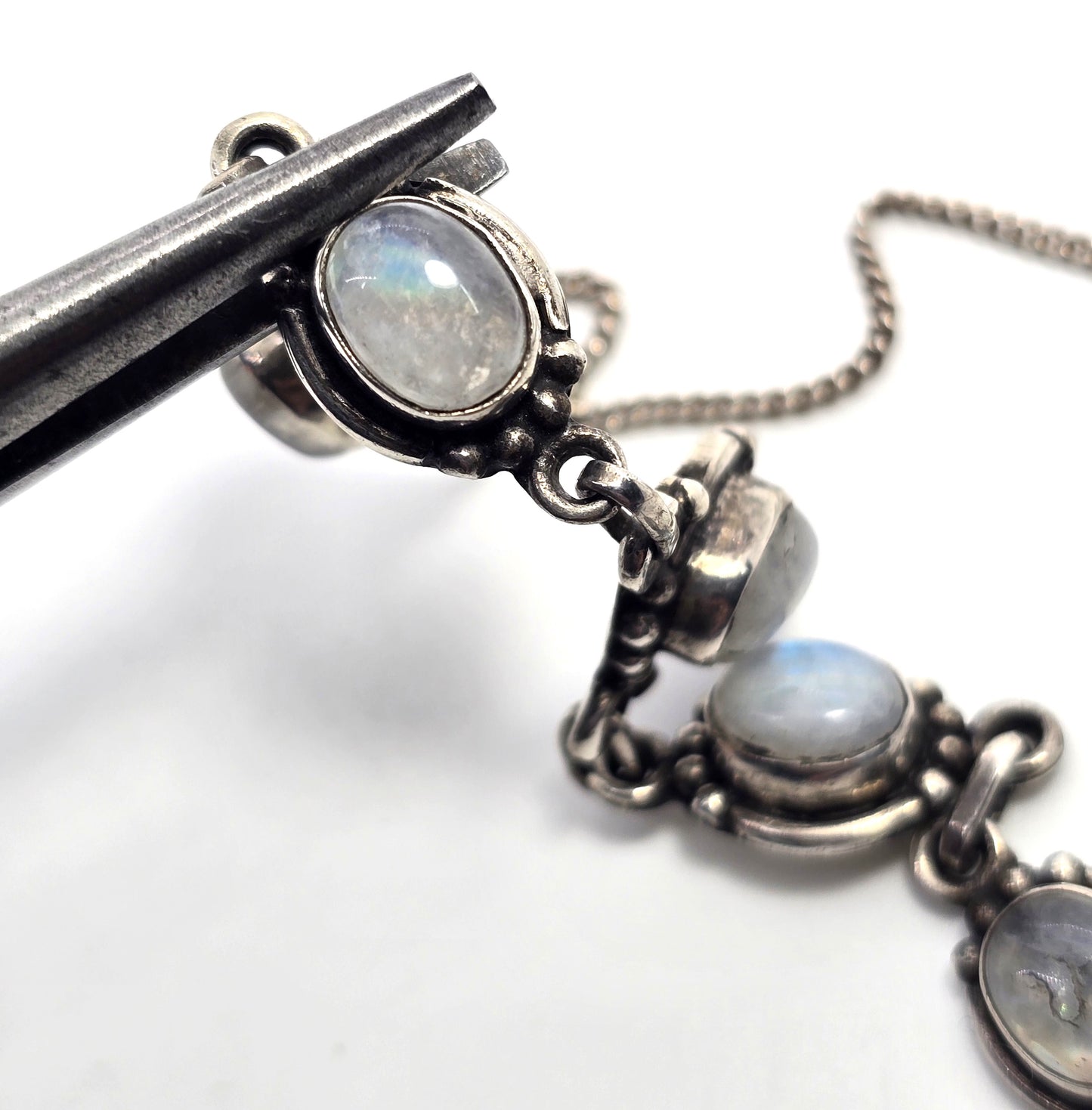 Rainbow Moonstone flashy tribal Balinese 5 stone sterling silver statement necklace