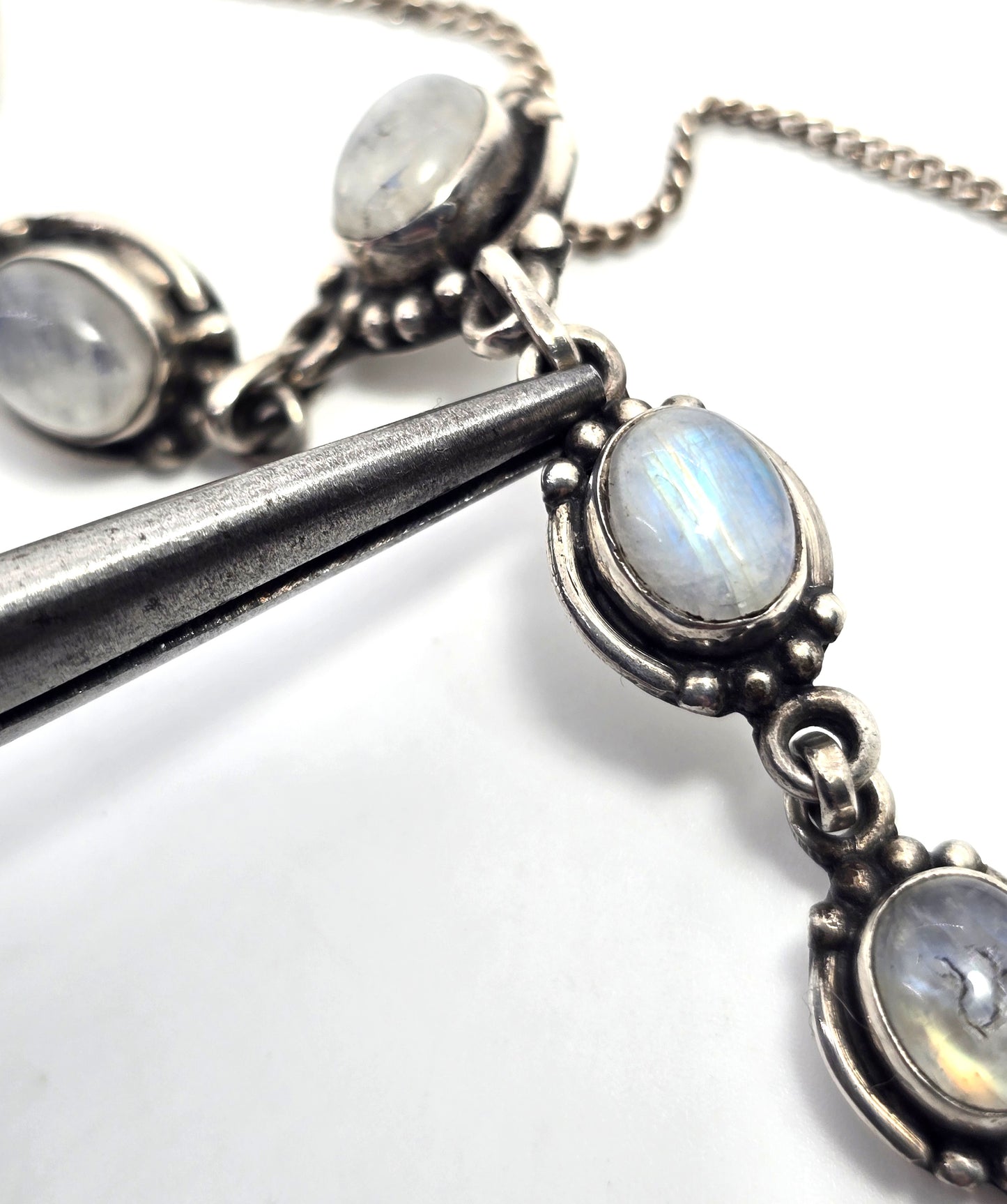 Rainbow Moonstone flashy tribal Balinese 5 stone sterling silver statement necklace