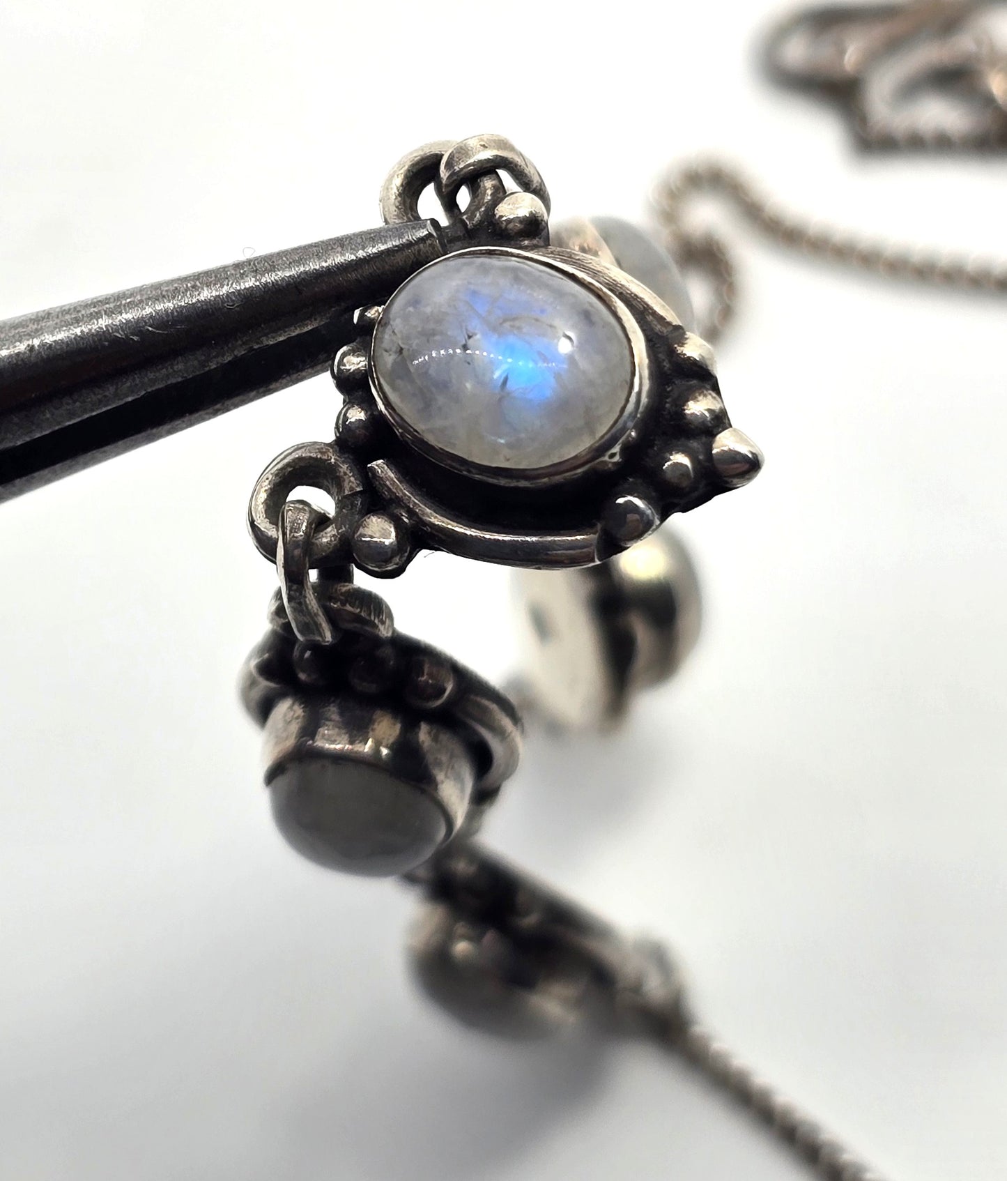 Rainbow Moonstone flashy tribal Balinese 5 stone sterling silver statement necklace