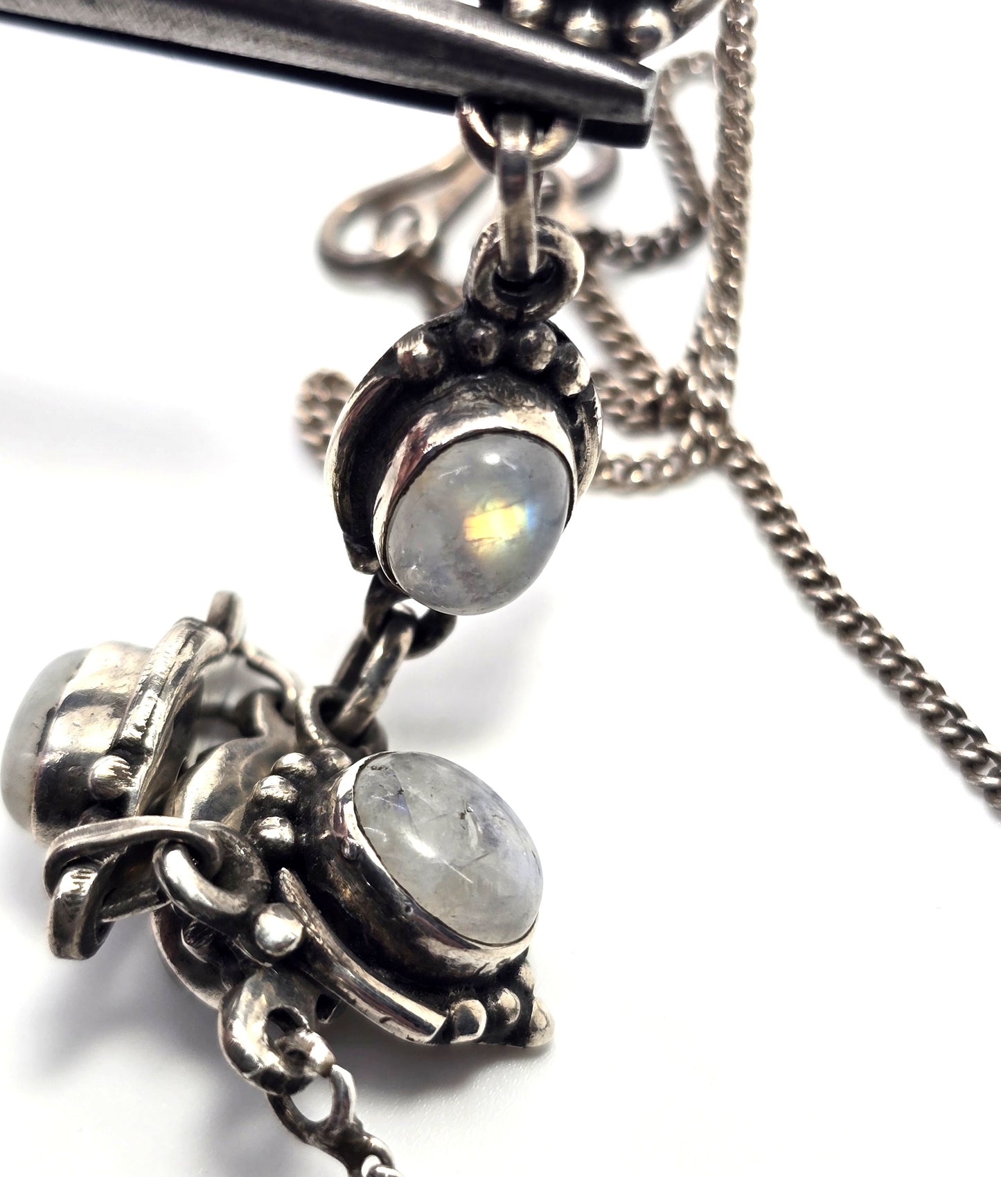 Rainbow Moonstone flashy tribal Balinese 5 stone sterling silver statement necklace