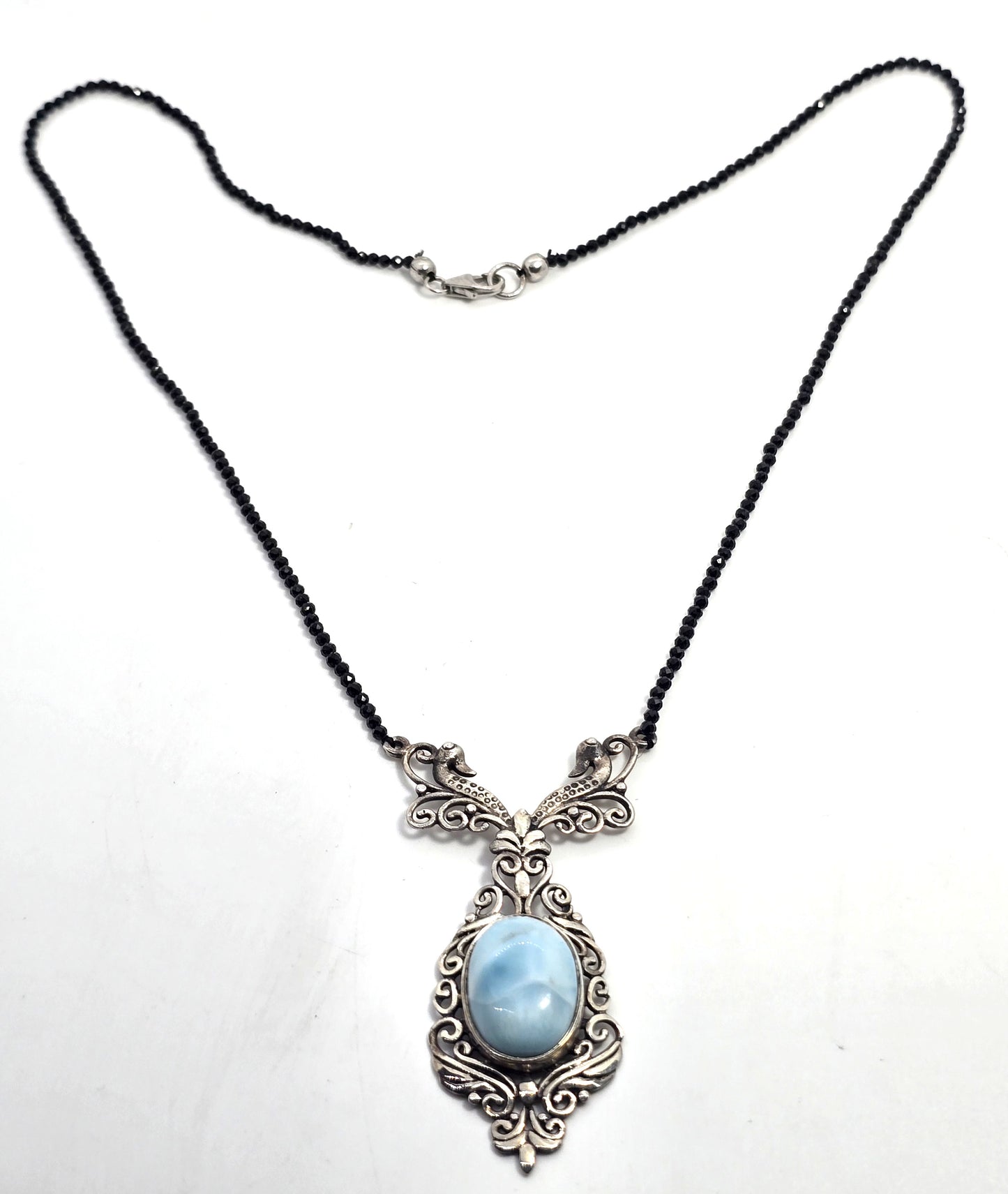 Larimar double swan filigree sterling silver black crystal beaded statement necklace