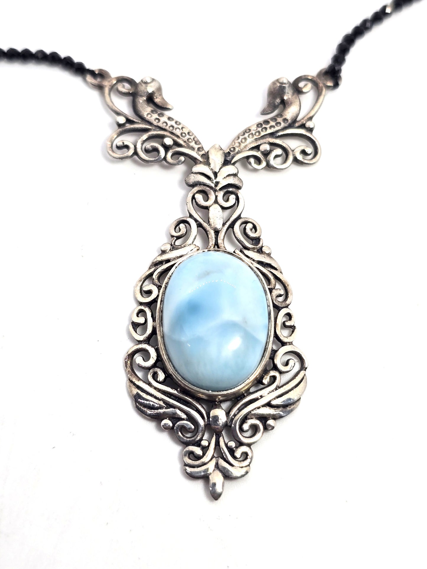 Larimar double swan filigree sterling silver black crystal beaded statement necklace