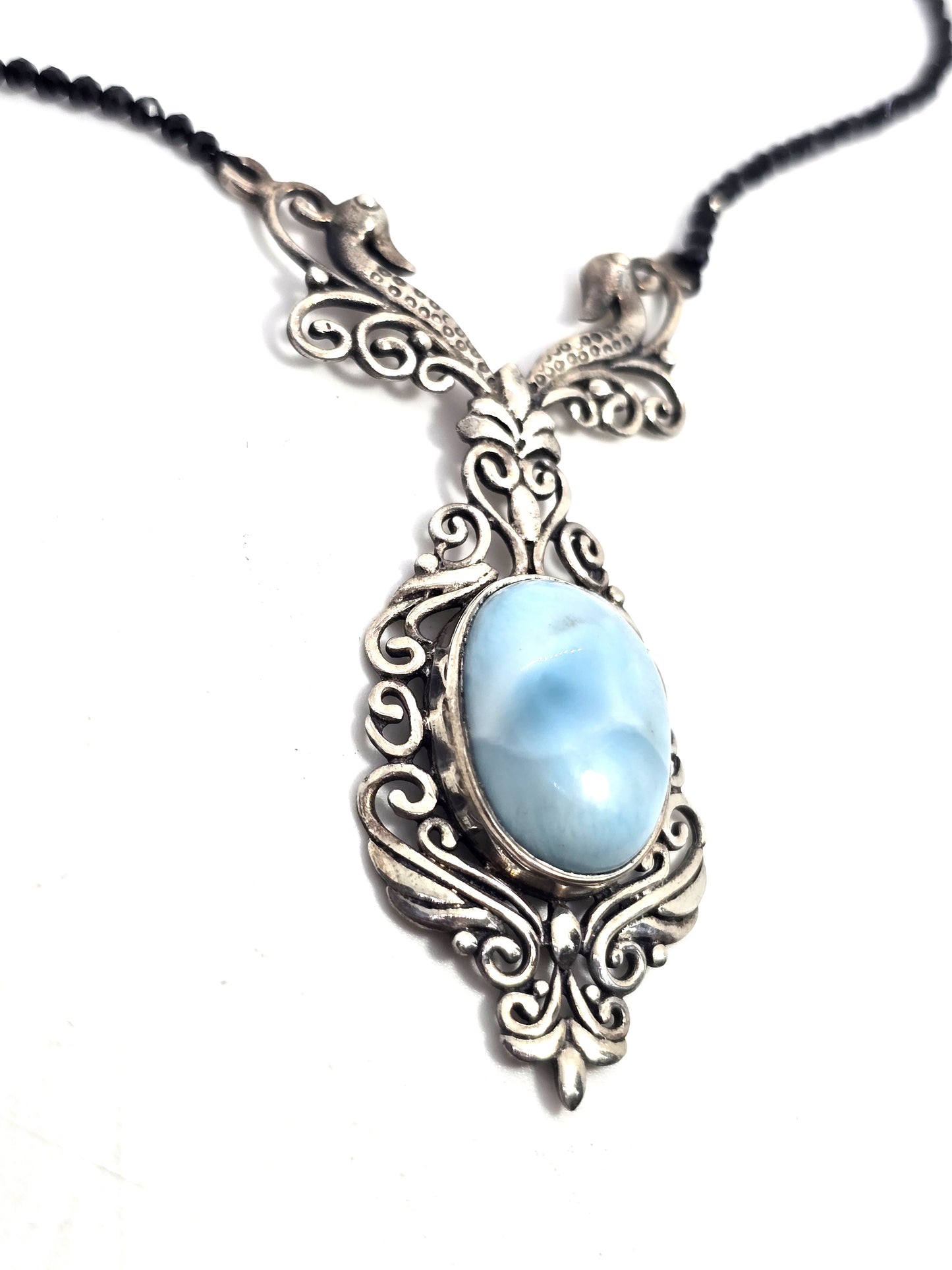 Larimar double swan filigree sterling silver black crystal beaded statement necklace