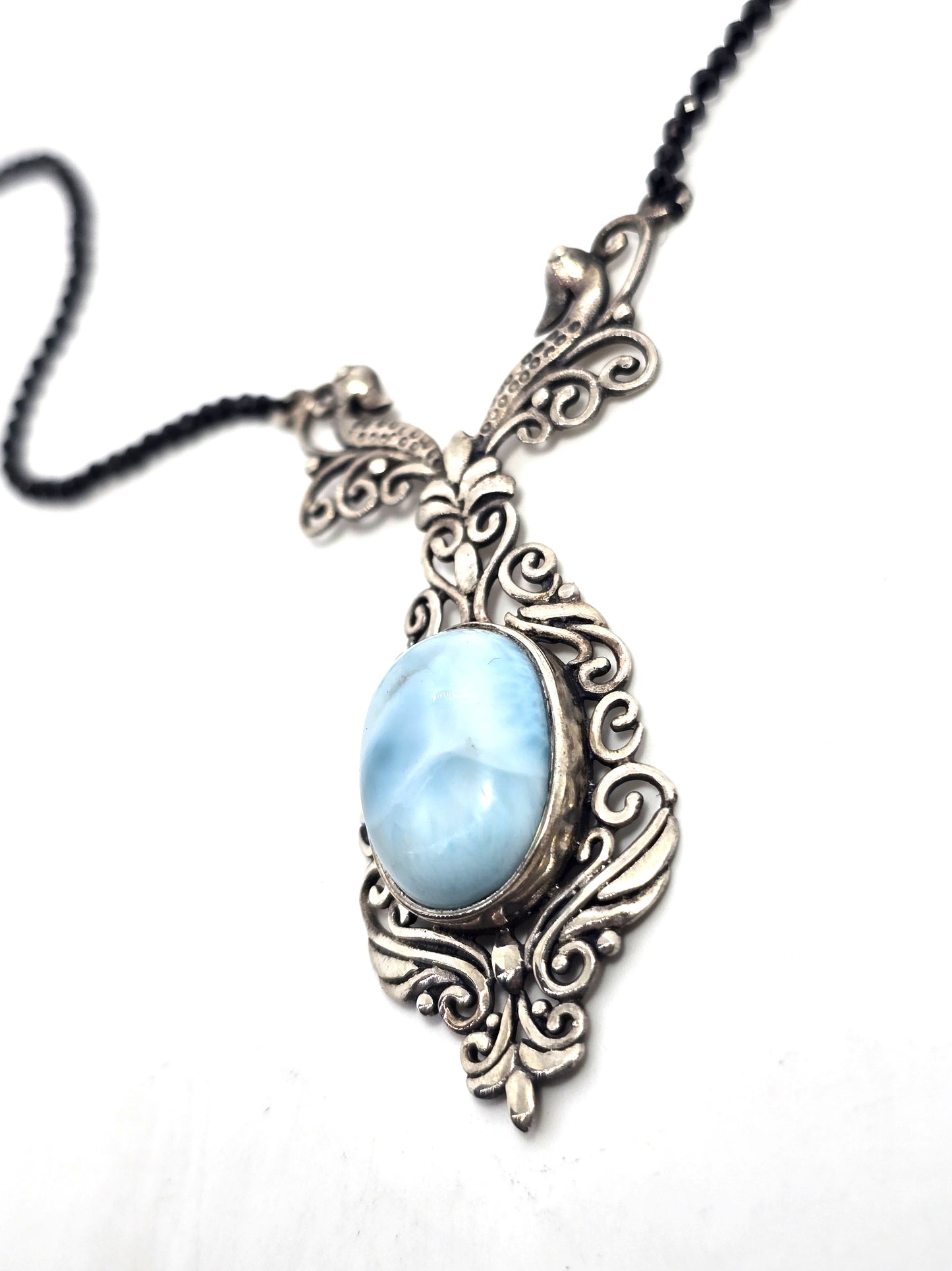 Larimar double swan filigree sterling silver black crystal beaded statement necklace