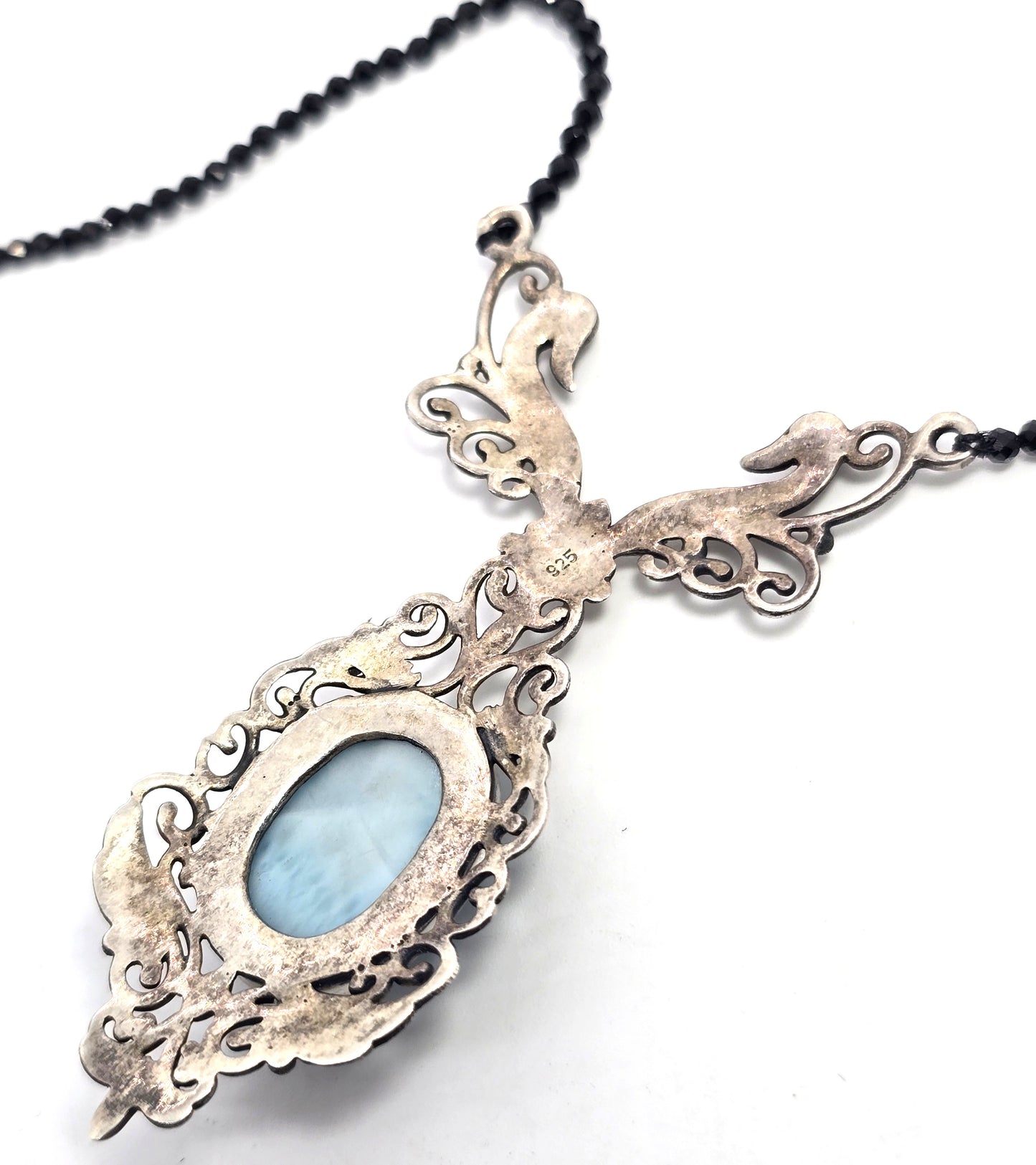 Larimar double swan filigree sterling silver black crystal beaded statement necklace
