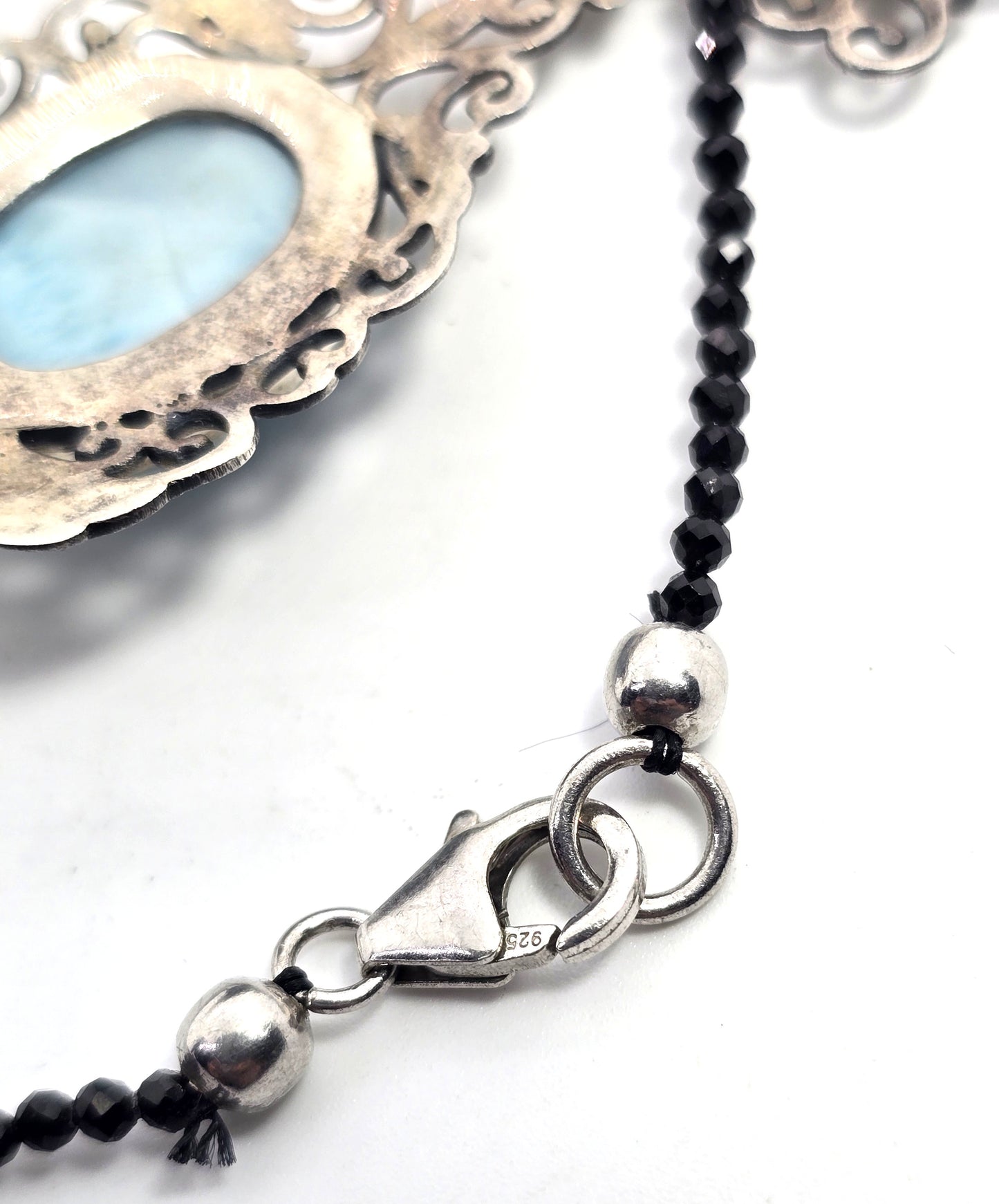 Larimar double swan filigree sterling silver black crystal beaded statement necklace