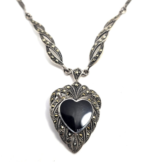 Black Onyx heart marcasite vintage sterling silver retro statement necklace