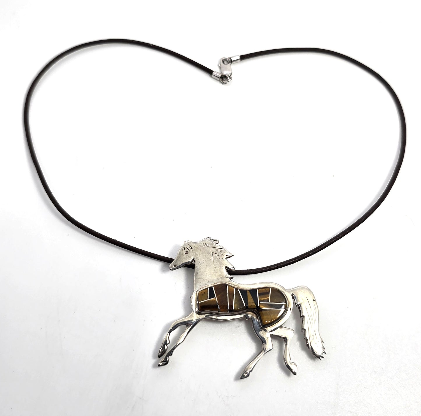 Calvin Begay Horse Tiger's eye onyx inlay vintage Sterling Silver BS TSF necklace brooch