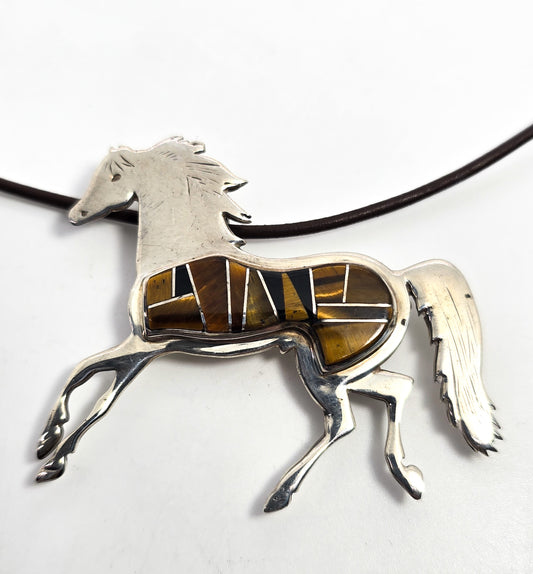 Calvin Begay Horse Tiger's eye onyx inlay vintage Sterling Silver BS TSF necklace brooch