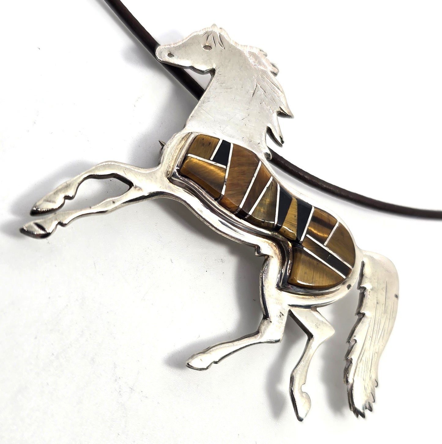 Calvin Begay Horse Tiger's eye onyx inlay vintage Sterling Silver BS TSF necklace brooch