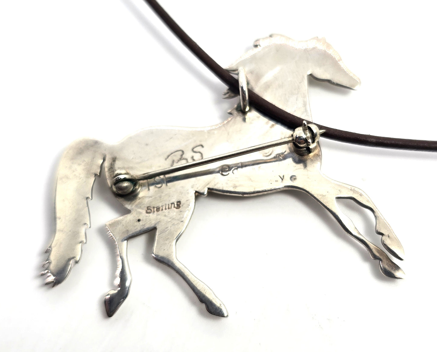 Calvin Begay Horse Tiger's eye onyx inlay vintage Sterling Silver BS TSF necklace brooch