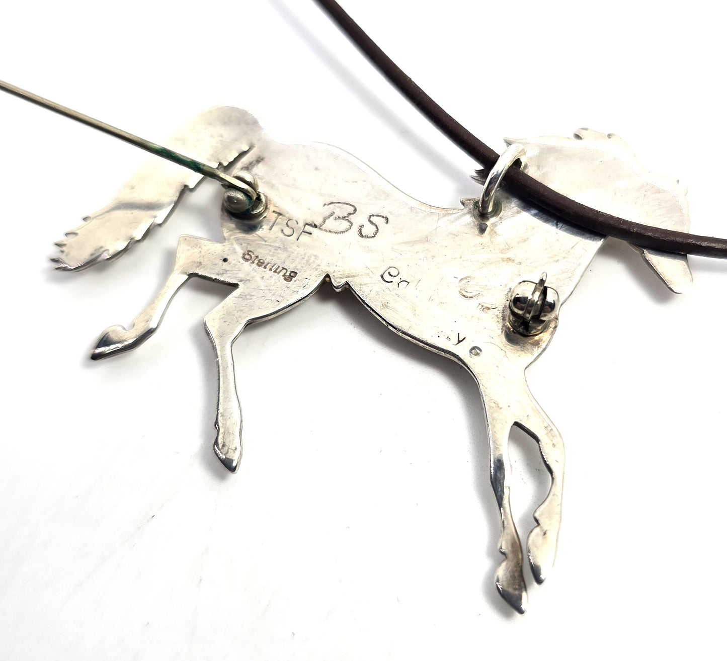 Calvin Begay Horse Tiger's eye onyx inlay vintage Sterling Silver BS TSF necklace brooch