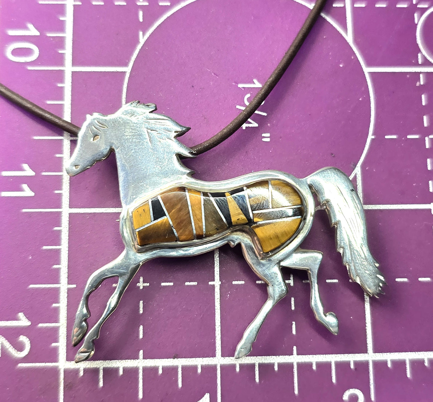 Calvin Begay Horse Tiger's eye onyx inlay vintage Sterling Silver BS TSF necklace brooch