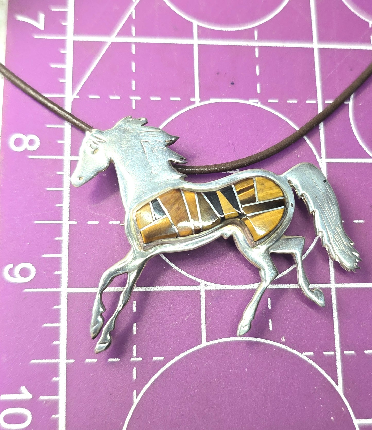 Calvin Begay Horse Tiger's eye onyx inlay vintage Sterling Silver BS TSF necklace brooch