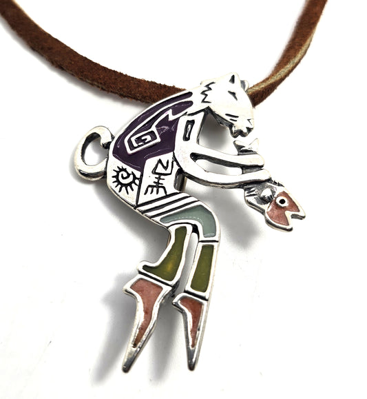 Robert Shields Sterling Silver Color Enamel Dancing Kokopelli Native leather necklace