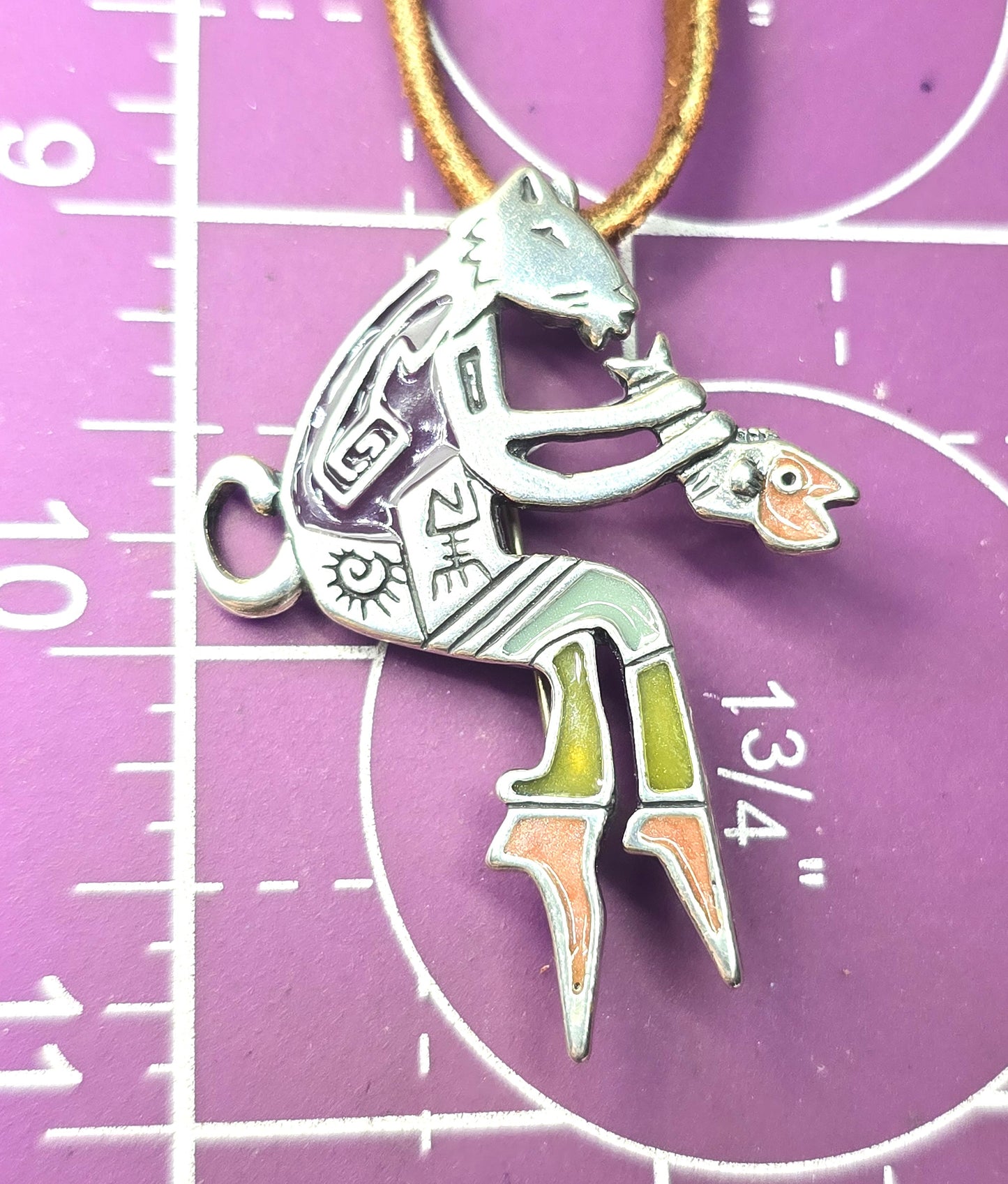 Robert Shields Sterling Silver Color Enamel Dancing Kokopelli Native leather necklace