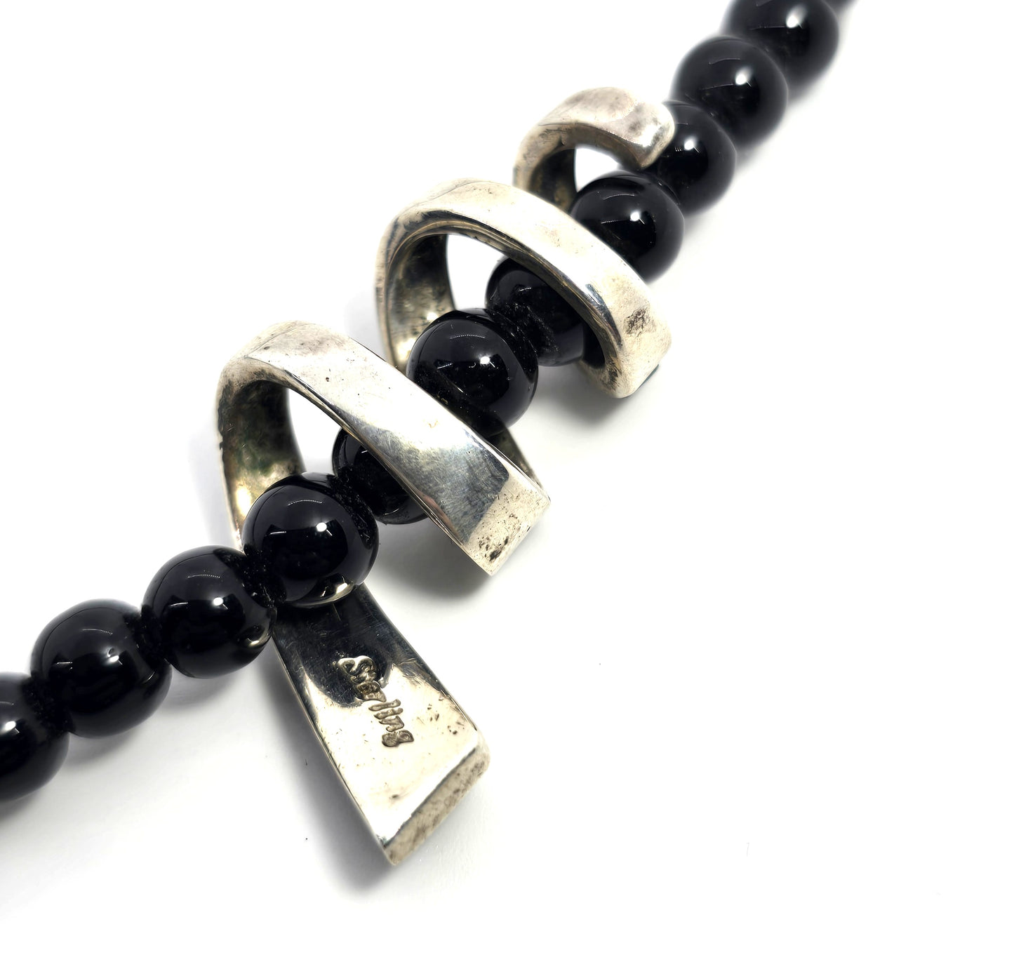 Black onyx gemstone inlay vintage beaded sterling silver wrap pendant necklace