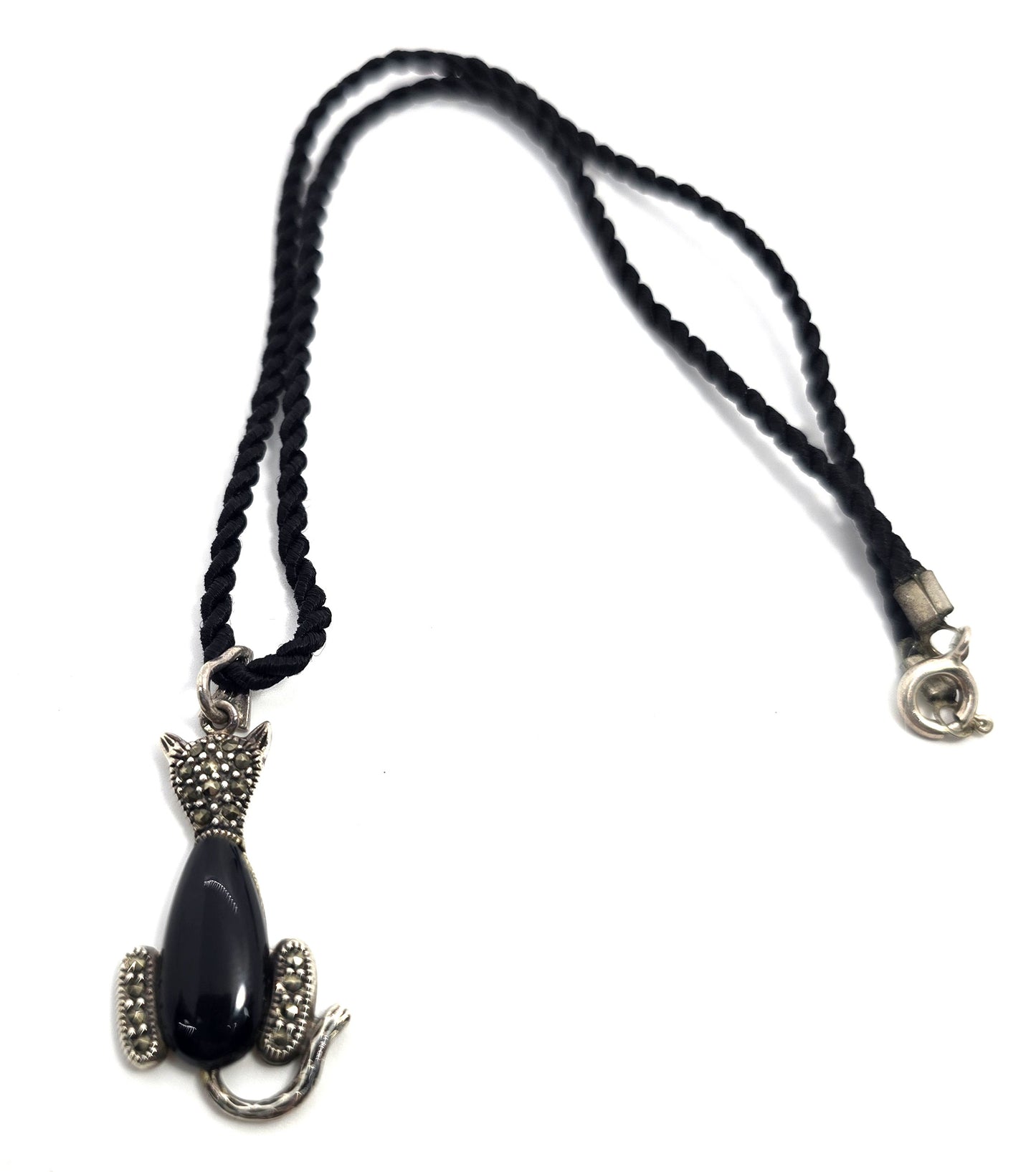Sitting pretty cat black onyx and marcasite sterling silver retro corded necklace