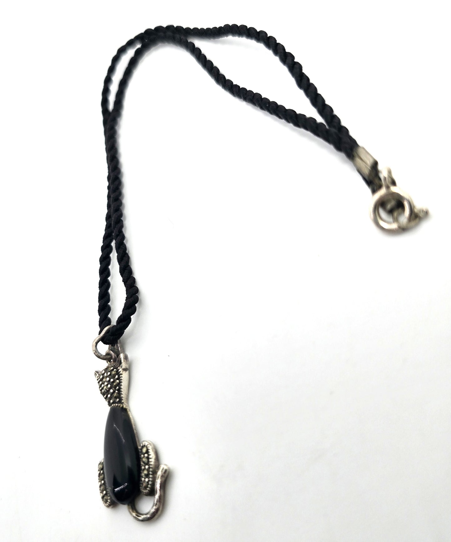 Sitting pretty cat black onyx and marcasite sterling silver retro corded necklace