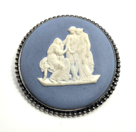 Blue Wedgewood Jasperware cameo vintage sterling silver 1958 Large Brooch