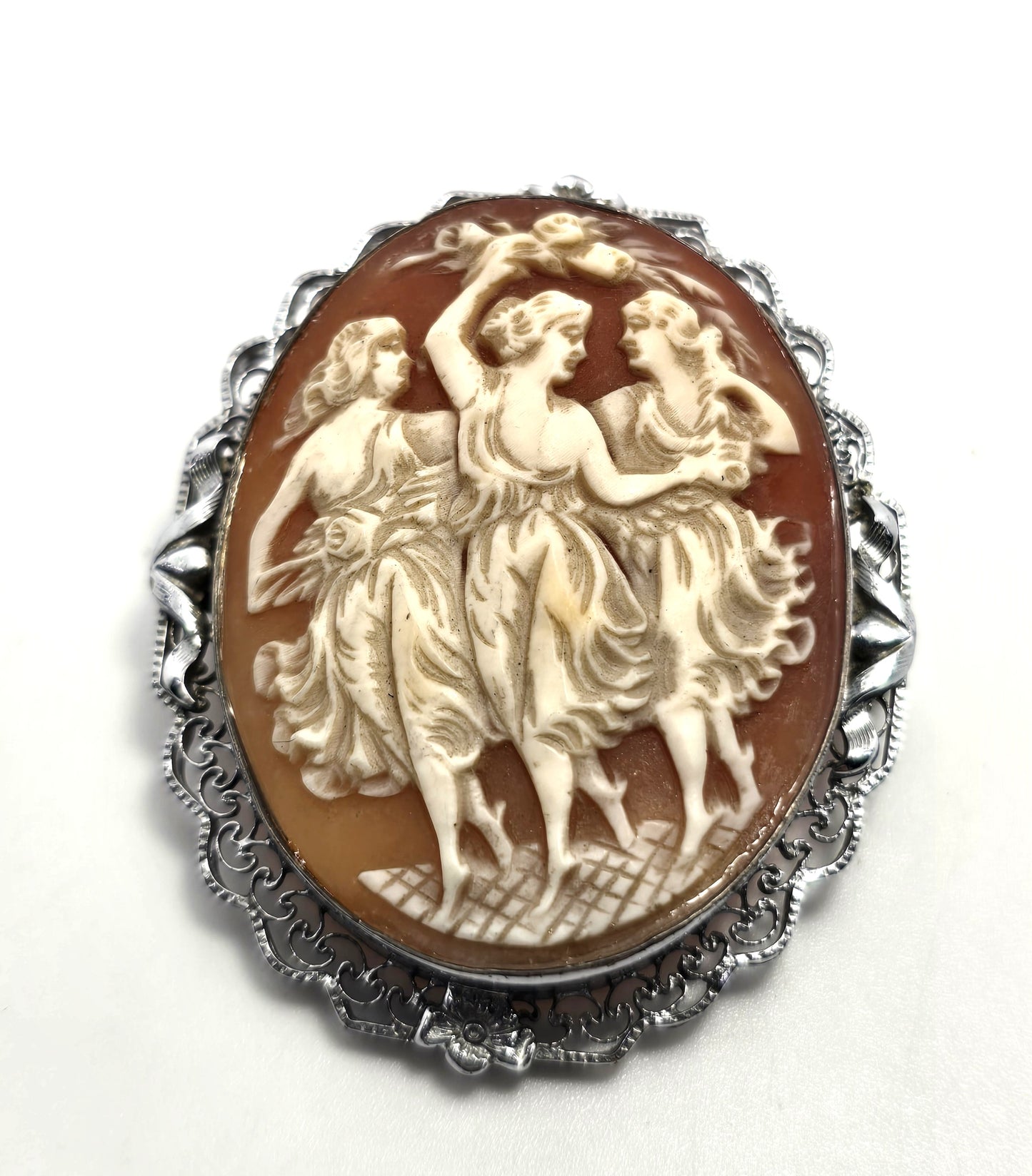 Three Graces vintage carved shell rhodium plated mid century cameo brooch
