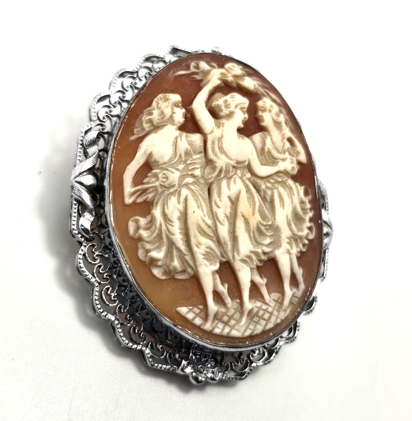 Three Graces vintage carved shell rhodium plated mid century cameo brooch