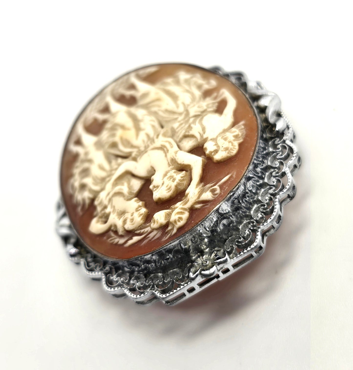 Three Graces vintage carved shell rhodium plated mid century cameo brooch