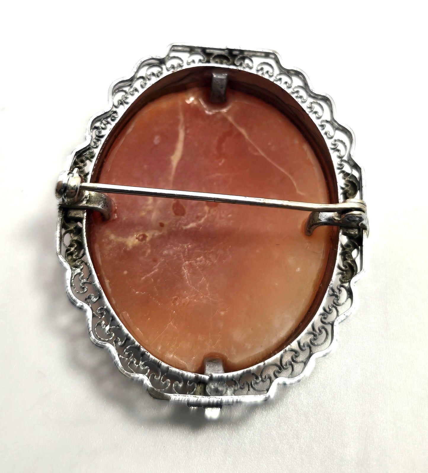 Three Graces vintage carved shell rhodium plated mid century cameo brooch
