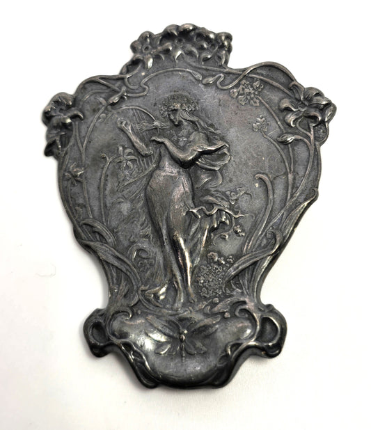 Art Nouveau style Nymph Silver Plated Lady With Harp deep patina vintage brooch