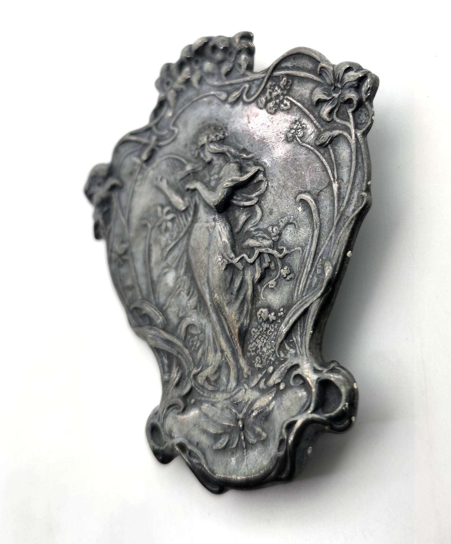 Art Nouveau style Nymph Silver Plated Lady With Harp deep patina vintage brooch