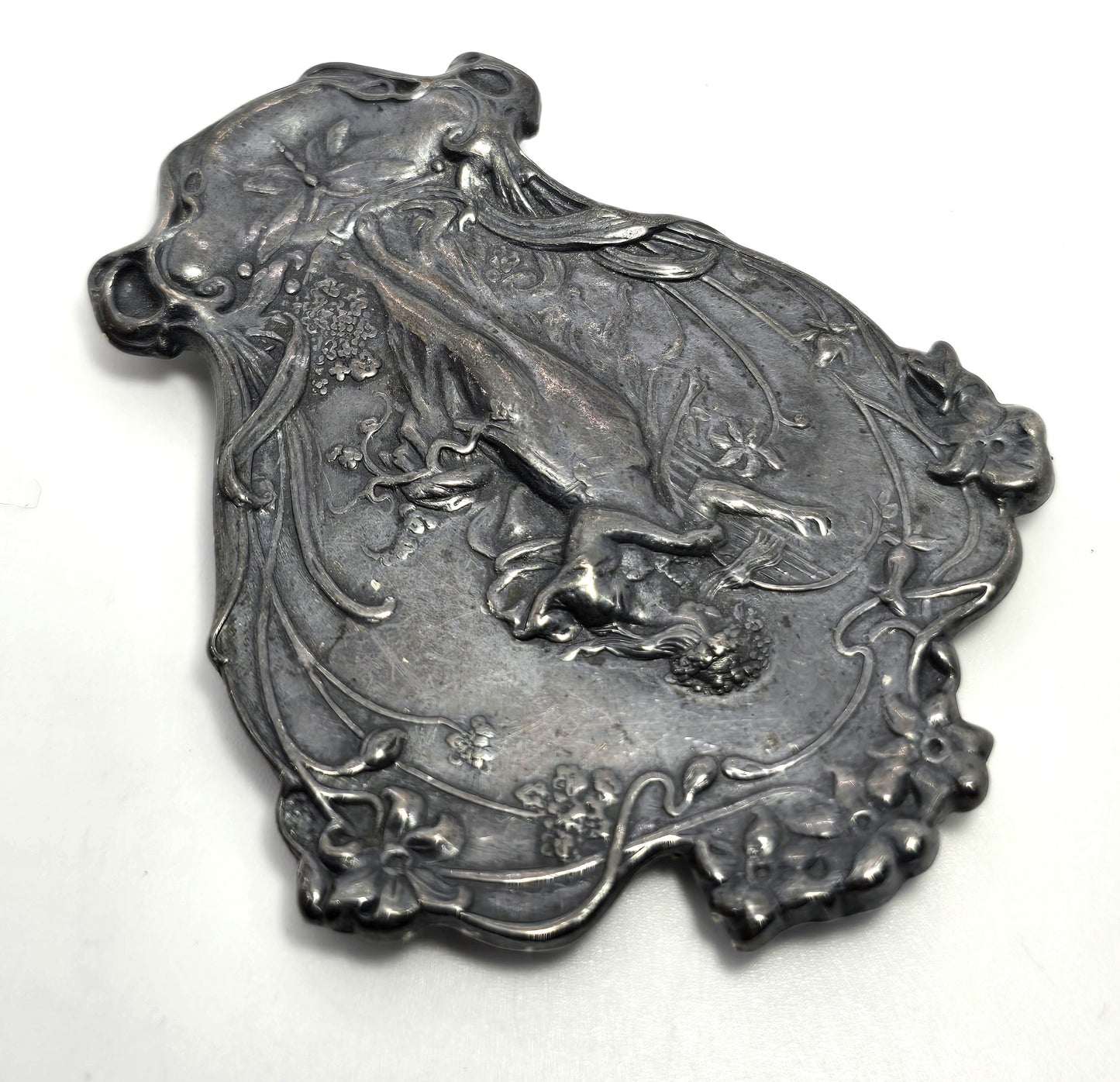 Art Nouveau style Nymph Silver Plated Lady With Harp deep patina vintage brooch