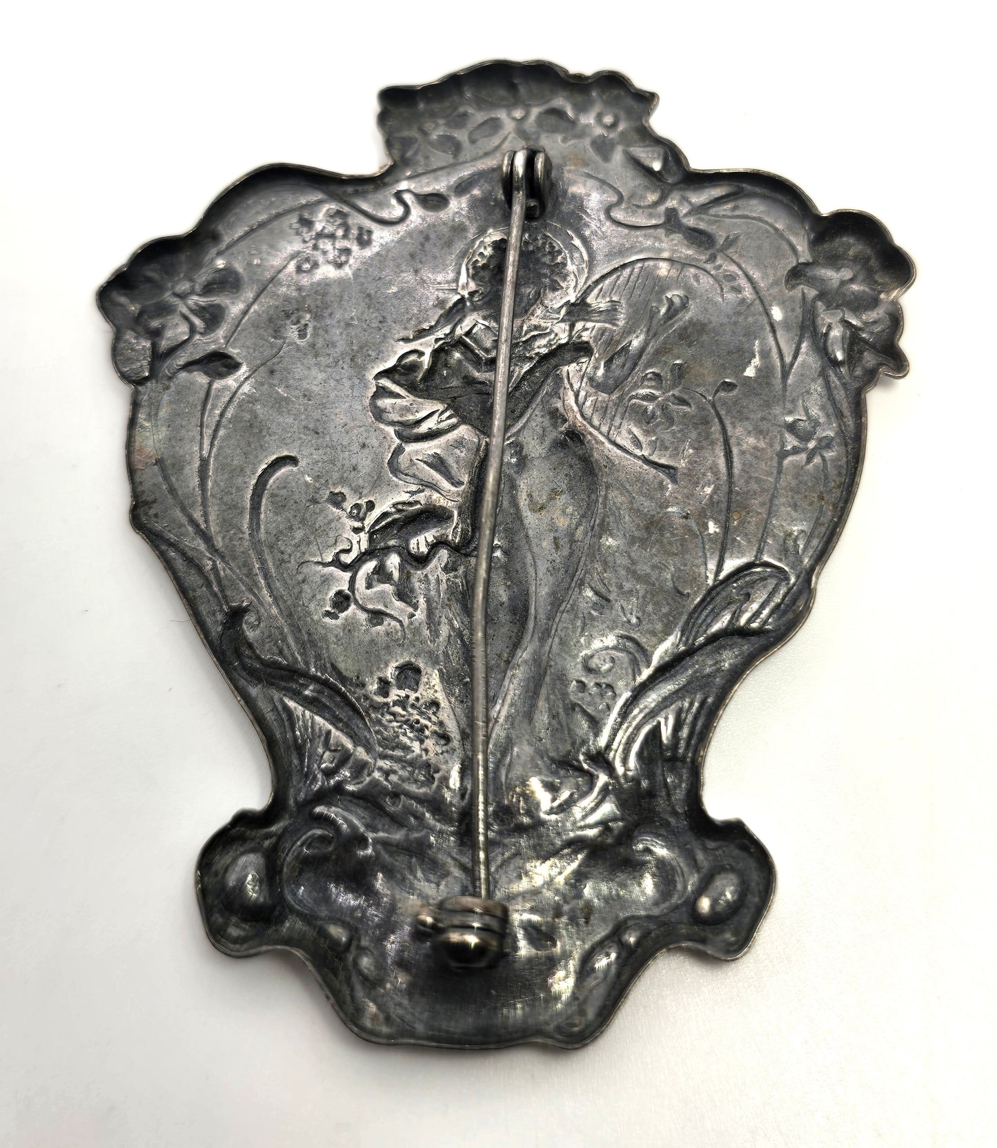 Art Nouveau style Nymph Silver Plated Lady With Harp deep patina vintage brooch